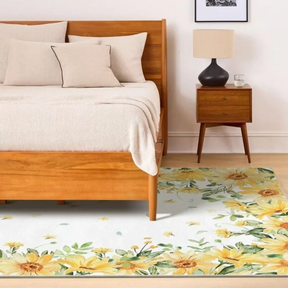 New 5x7 Yellow Daisy Rug, Washable, Low-Profile Spring Decor for Home & Bedroom
